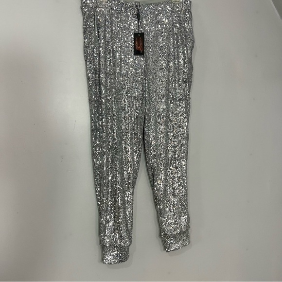 Baddie Silver Sequins Joggers Going Out Party Stretchy Pants Sporty Concert Glam - Picture 4 of 12